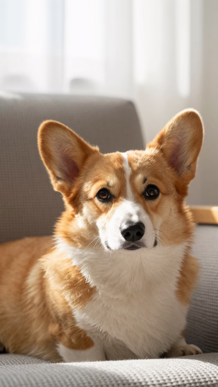 Corgi Portrait on Sofa Near Curtained Window in on a sofa near a curtained window with calm indoor light in Minna