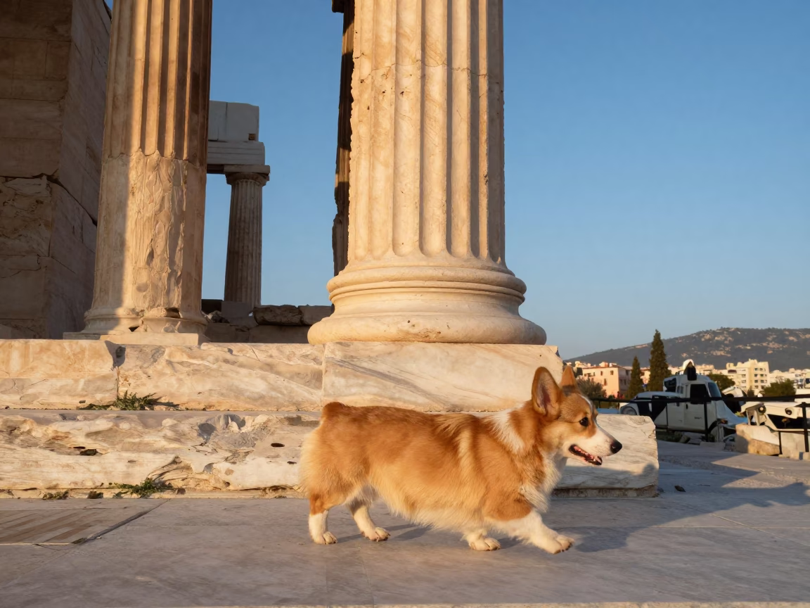 Corgi Walking in Athens at Clear Late-afternoon Light in in Athens, Greece