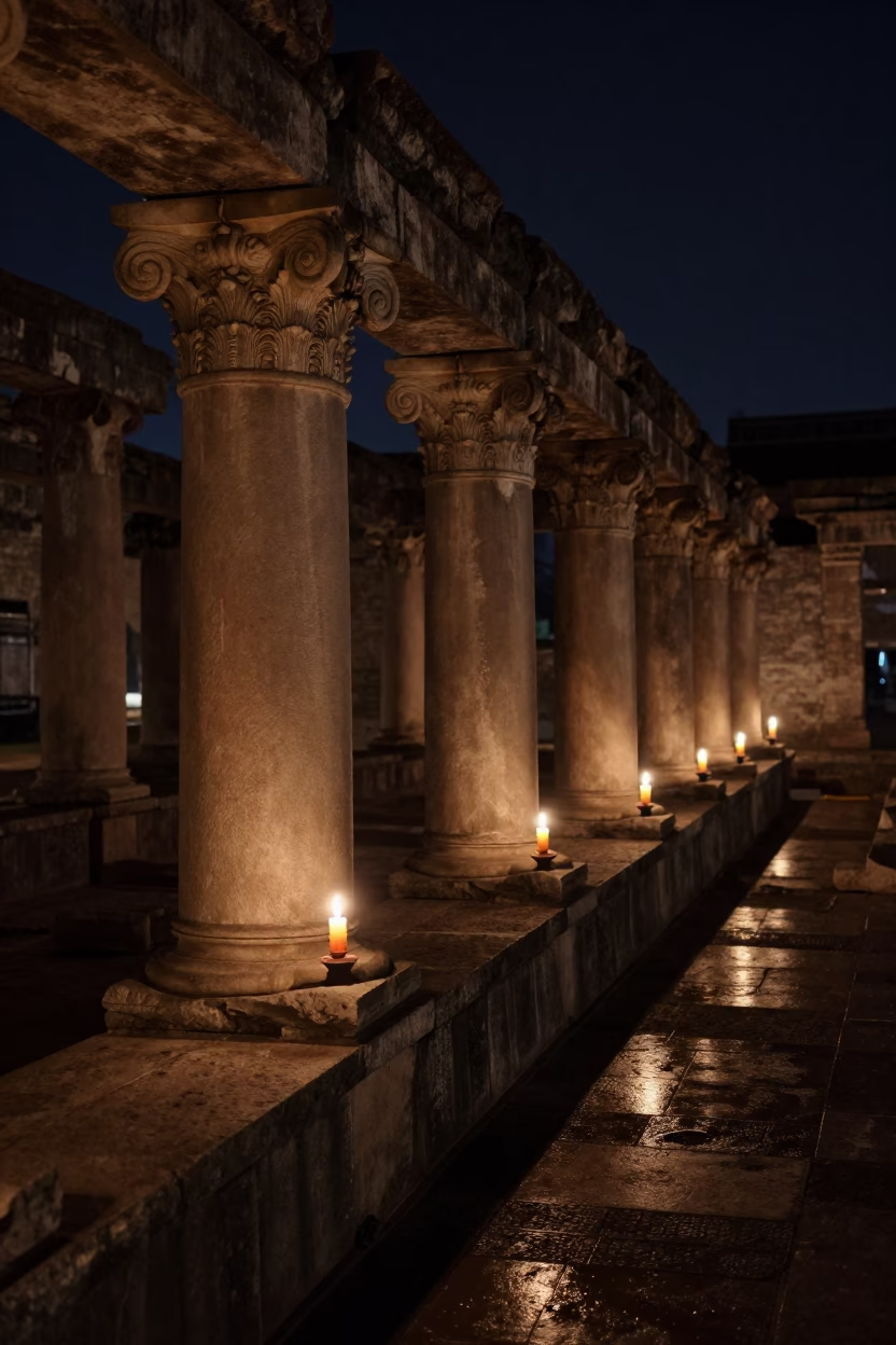 Corinthian Capitals Under Candlelight in Ningbo in on a stone ledge in Ningbo