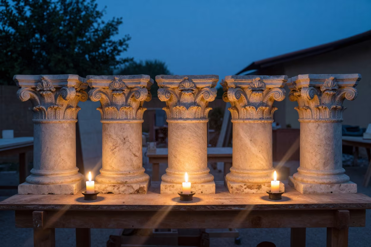 Corinthian Capitals on Workbench in Santos Evening in on a wooden workbench in Santos