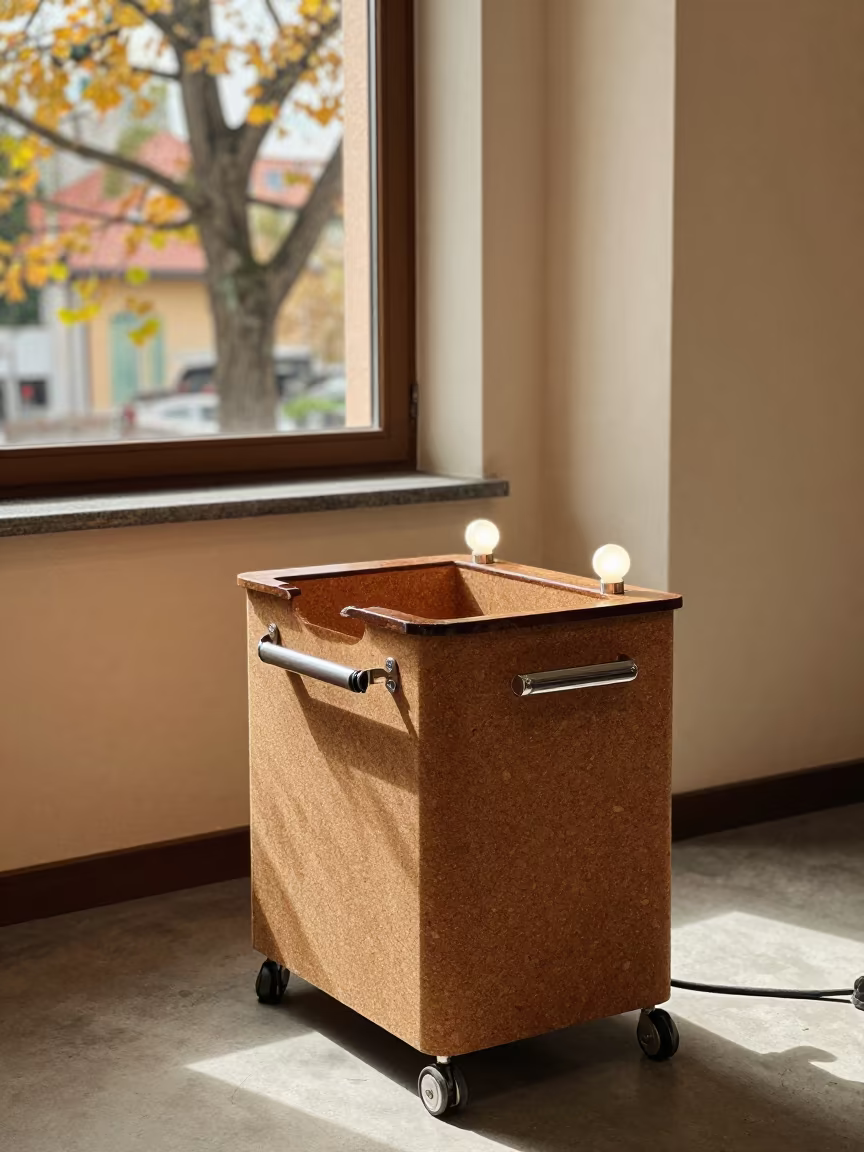 Cork Backing Bin at Barber Station Novara in at a barber station beneath mirror bulbs in Novara