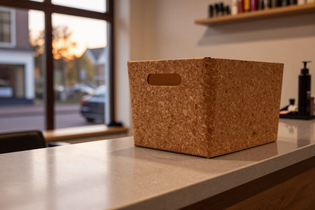 Cork Backing Bin on Salon Counter Near Haarlem in at a salon reception counter near Haarlem