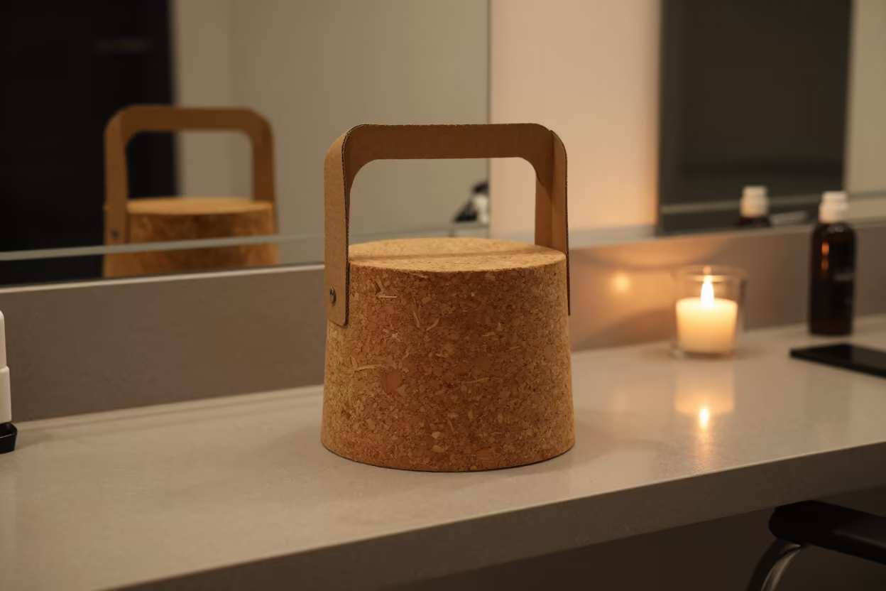 Cork Backing Bin at Salon Midnight in at a salon reception counter in Denizli