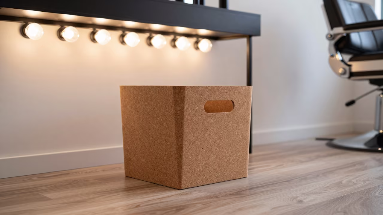 Cork Backing Bin at SOFO Barber Station in at a barber station beneath mirror bulbs in SOFO, Stockholm
