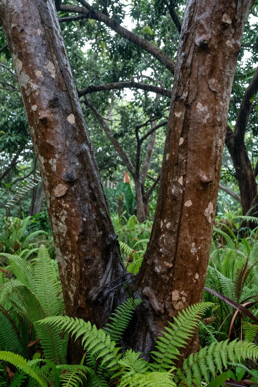 Cork Oak Grove Ferns Rain Bali in on a fern-lined forest floor in Bali