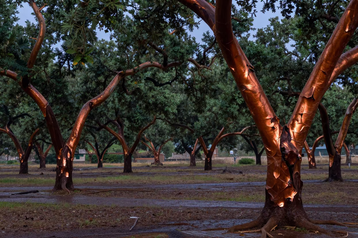 Cork Oak Grove Stripped Bark Before Dusk in near Malabo