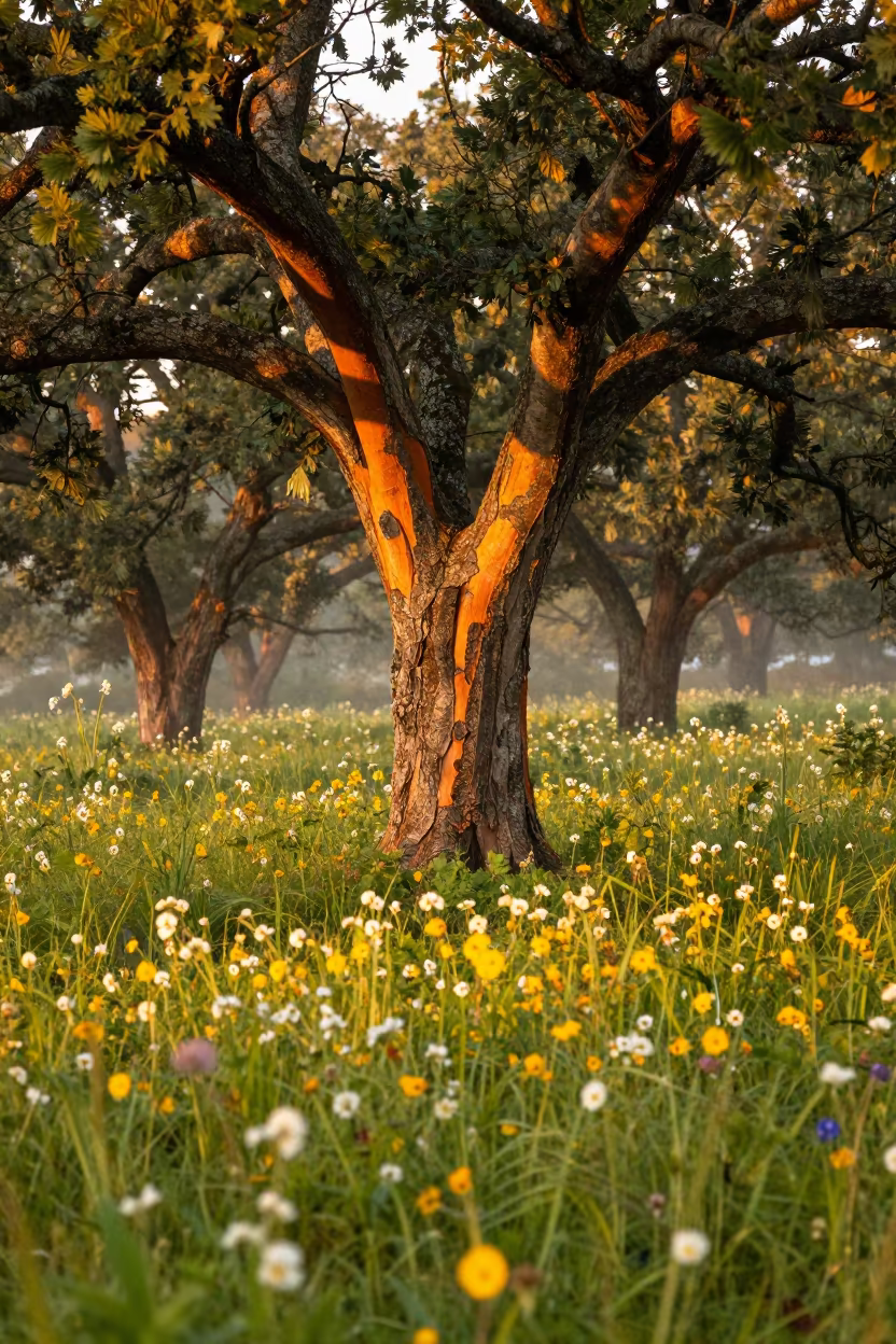 Cork Oak Grove Stripped Bark Golden Hour in in a bloom-heavy meadow in New Hampshire