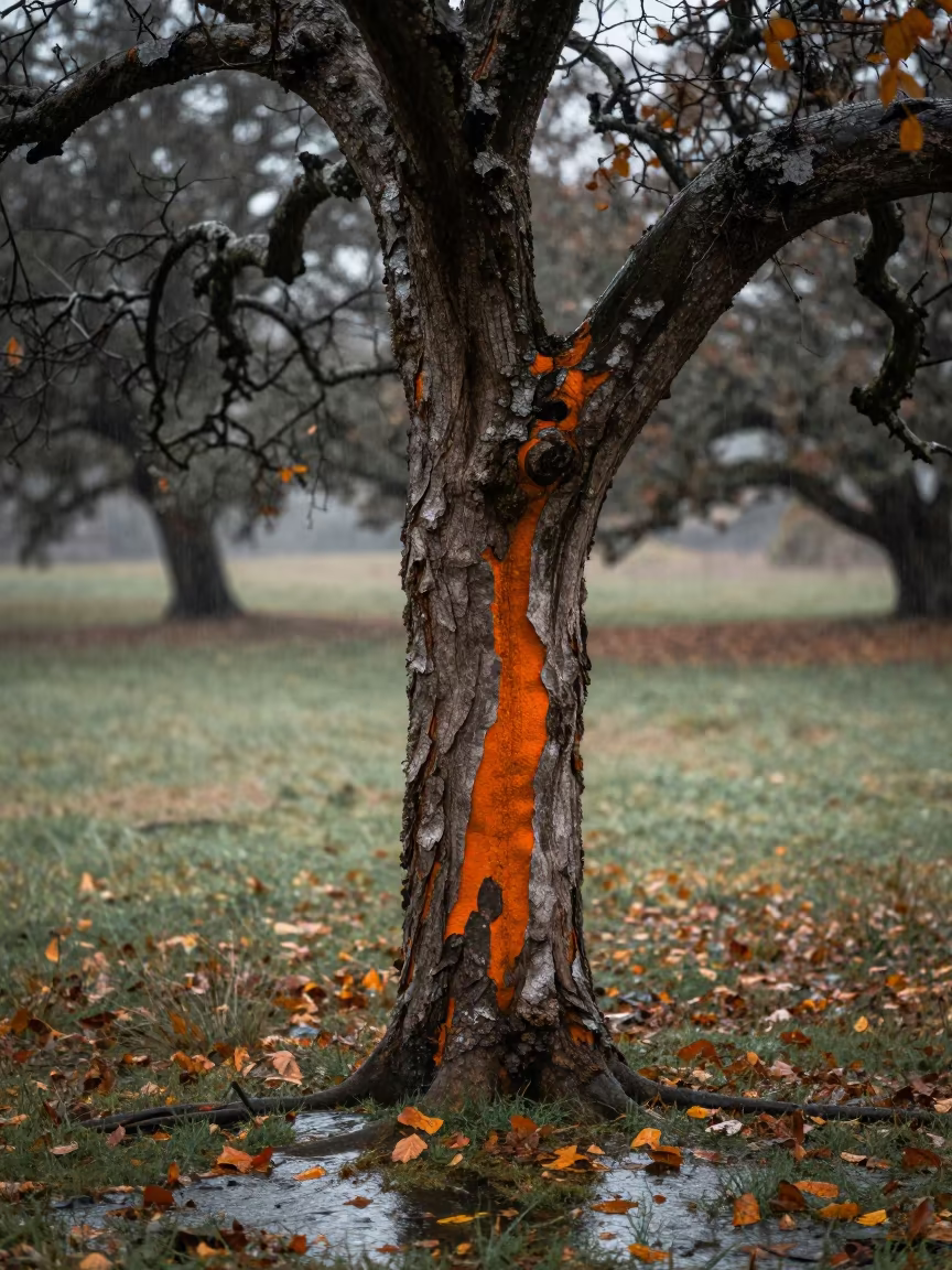 Cork Oak Stripped Bark in Rainy Meadow in in a bloom-heavy meadow near Concordia