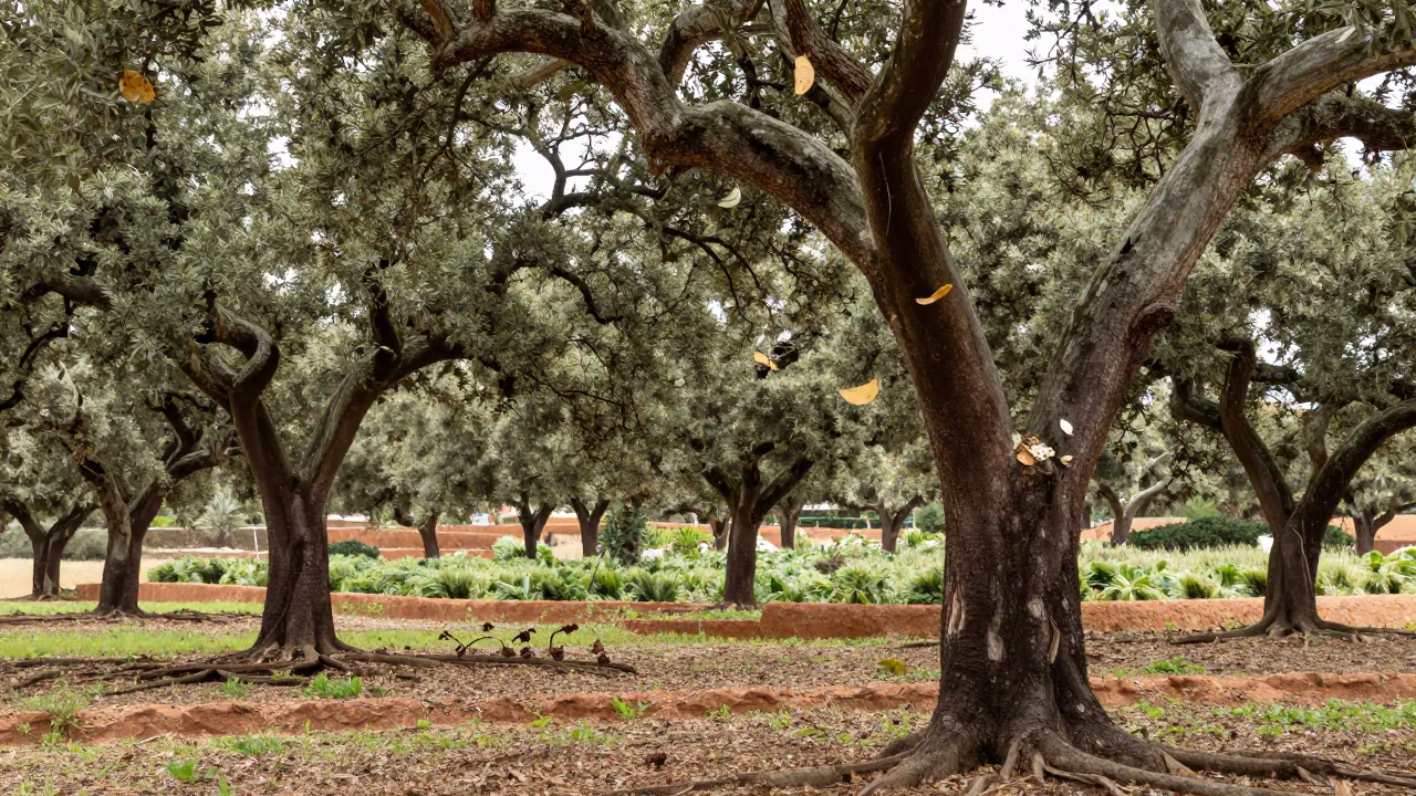 Cork Oak Trunks in Alentejo Garden Plots in among terraced garden plots in Mauritius
