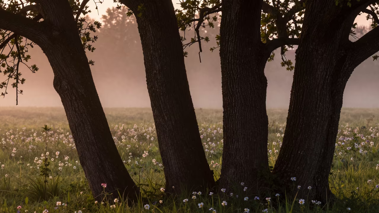 Cork Oak Trunks in Krakow Fog in in a bloom-heavy meadow near Plac Nowy, Krakow
