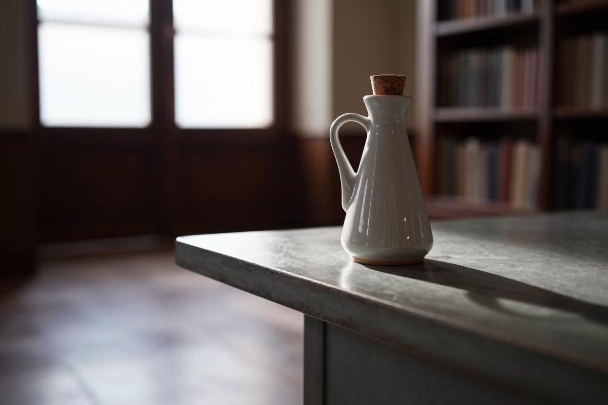 Cork Stopper Olive Oil Cruet Library Table in on a dusty library table near Gualeguaychú
