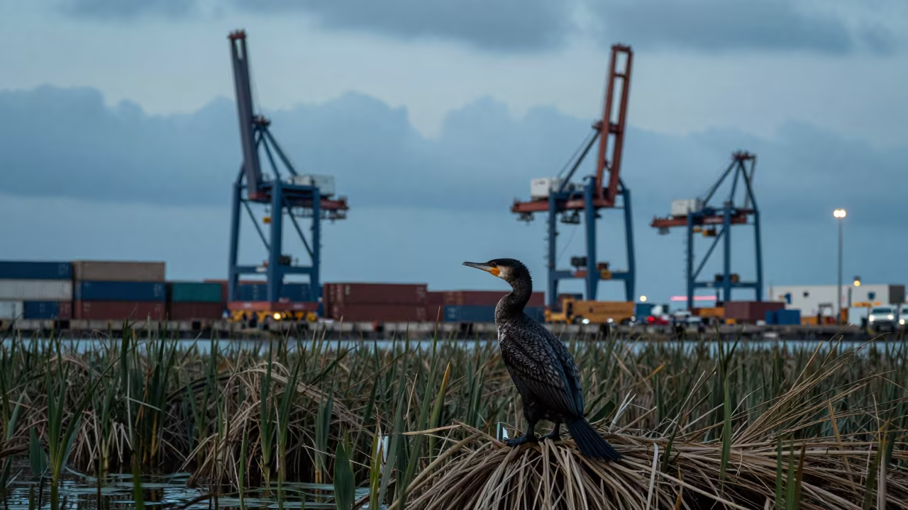 Cormorant at Cartagena Port Twilight in at the edge of a reed bed near Getsemani, Cartagena