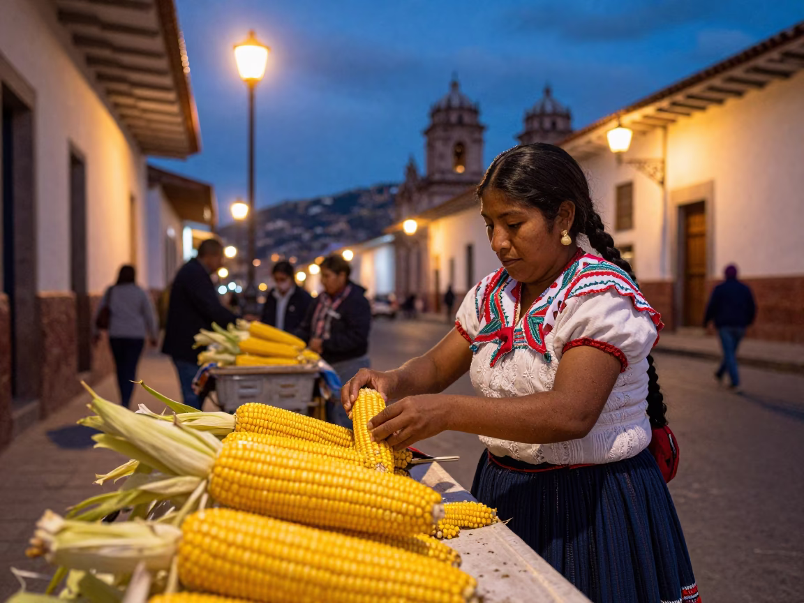 Corn at As City Lights Begin To Glow in Cusco in in Cusco, Peru