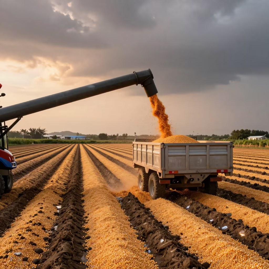 Corn Auger Arcs Kernels Into Trailer At Dusk in along freshly irrigated rows in Fujian