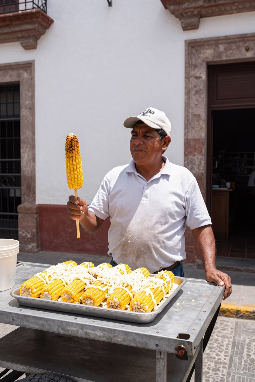 Corn Elote in Guadalajara at Midday Light in in Guadalajara, Mexico