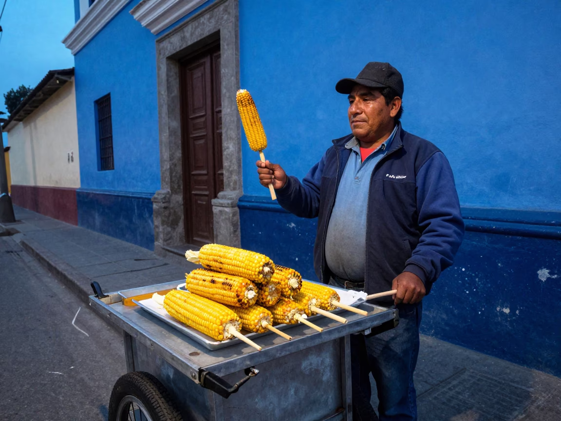 Corn Elote in Lima at The Last Blue Light Of Evening in in Lima, Peru