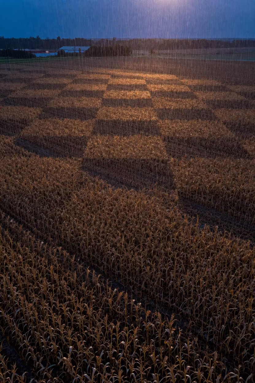 Corn and Soybean Fields in Indigo Twilight in high above patterned rooftops near Puerto Vallarta