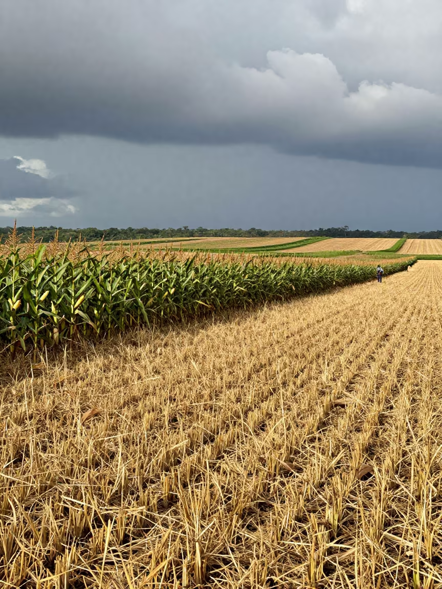 Corn Tassels Swaying Over Harvested Field in Pará in across a harvested grain field in Pará