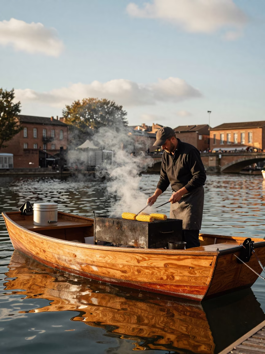 Corn Vendor Grilling at Toulouse Floating Market in at a floating market boat in Toulouse