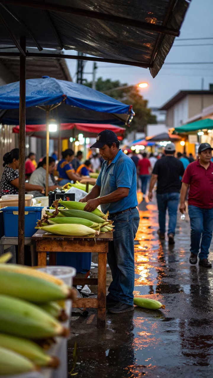 Corn Vendor Husking Ears at Campo Grande Tianguis in in a flea market lane in Campo Grande