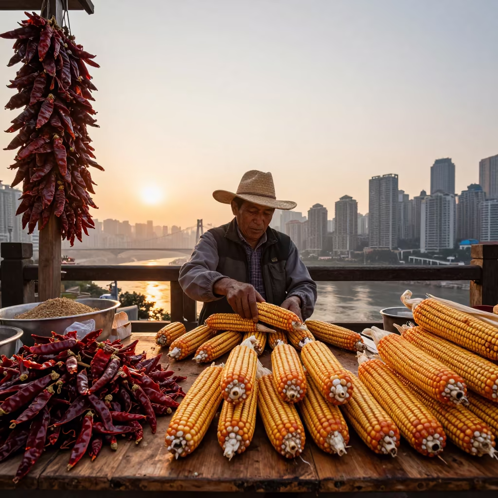 Corn Vendor Husking Ears at Chongqing Market in at a spice vendor's table in Chongqing