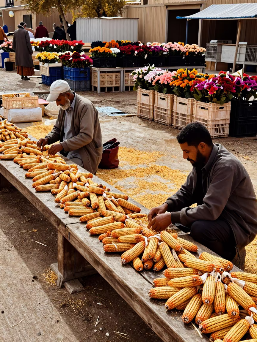 Corn Vendor Husking Ears at Flower Auction Bench in at a flower auction bench in Kerman