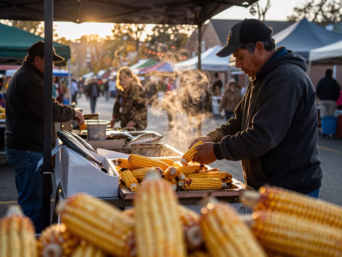 Corn Vendor Husking Ears at Germantown Market in beside a fish counter in Germantown, Philadelphia
