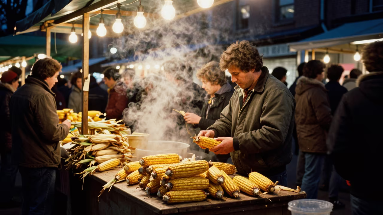 Corn Vendor Husking Ears at Montreal Tianguis in at a market stall in Mile End, Montreal