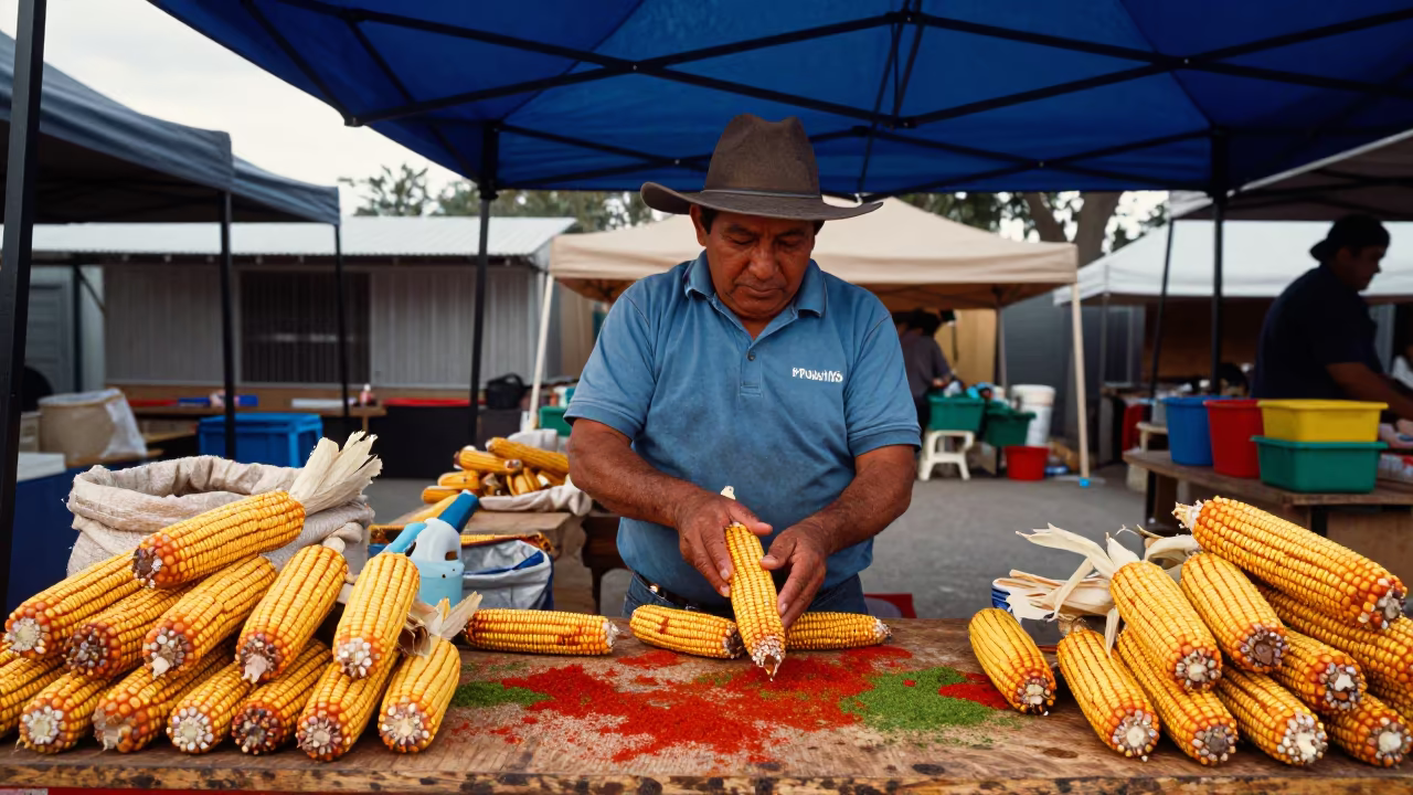 Corn Vendor Husking Ears at Mexican Tianguis Market in under a market canopy in Perth