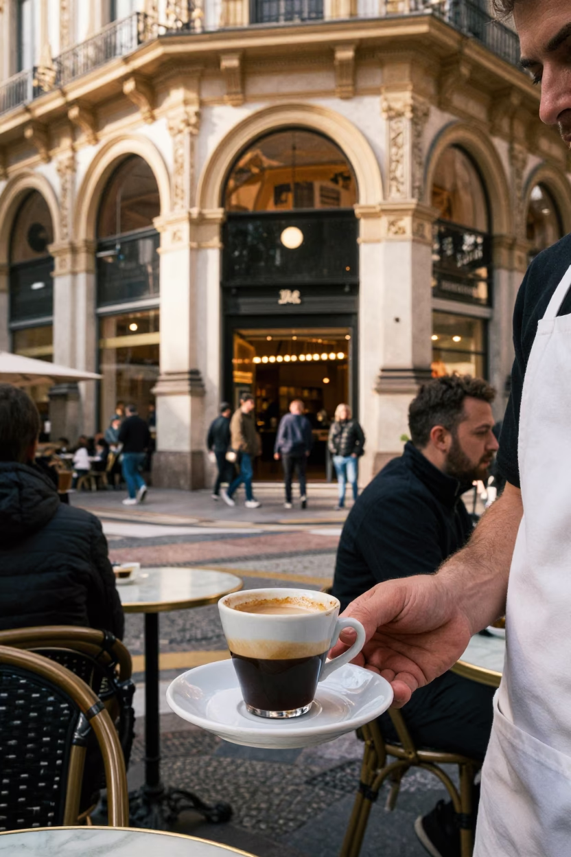 Corner Cafe in Milan at As First Light Reaches The Scene in in Milan, Italy
