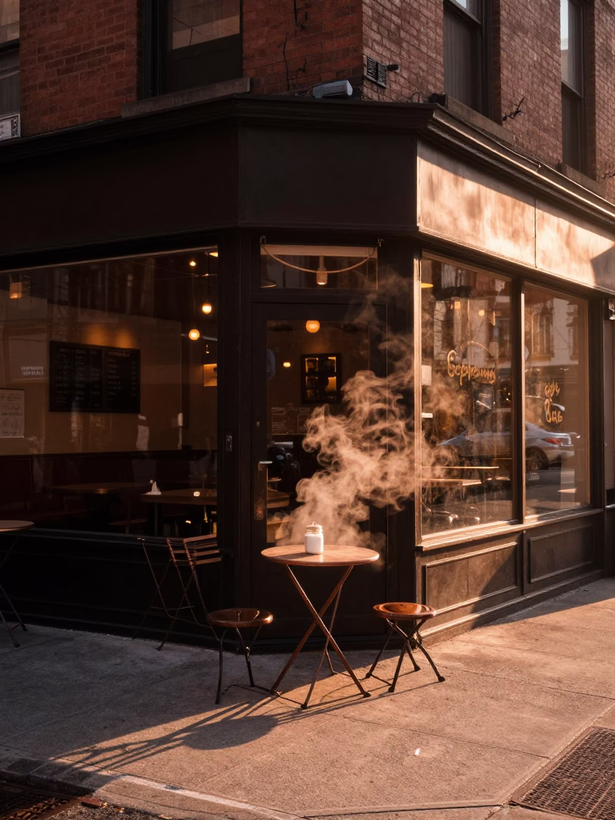 Corner Cafe in New York at Copper-toned Light Before Dusk in in New York, New York, United States