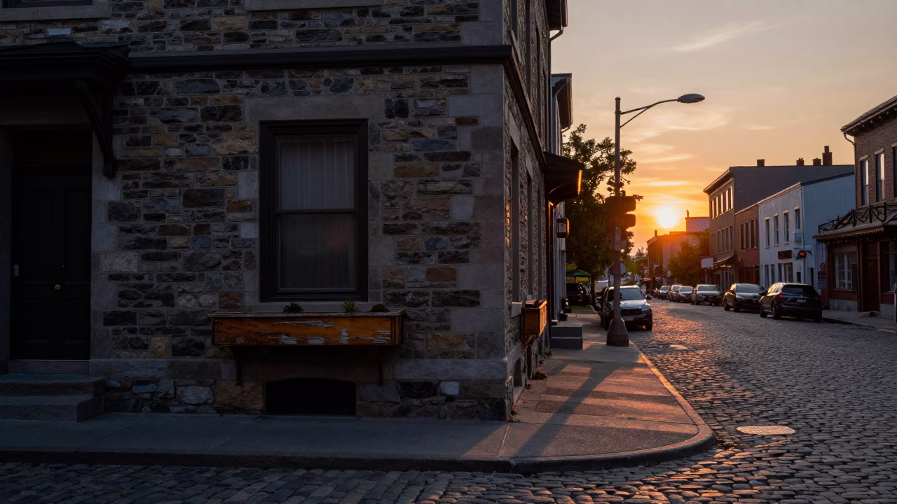Corner Dusk in Montreal at As The Sun Drops Toward The Horizon in in Montreal, Quebec, Canada