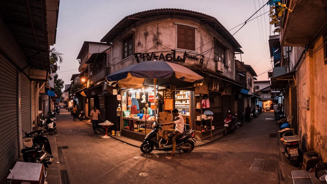 Corner Scene in Kolkata at Copper-toned Light Before Dusk in in Kolkata, India