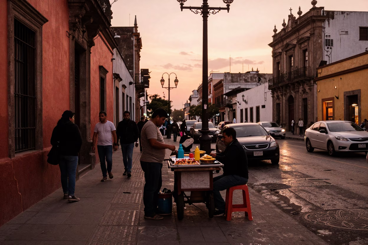 Corner Scene in Mexico City at Copper-toned Light Before Dusk in in Mexico City, Mexico
