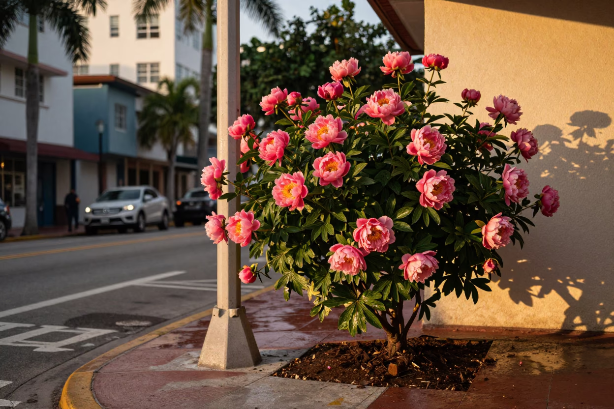 Corner Scene in Miami at Honeyed Evening Light in in Miami, Florida, United States