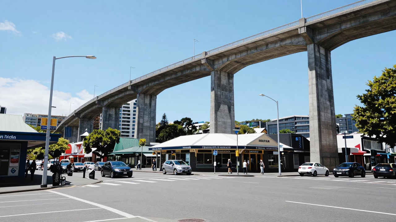 Corner Scene in Wellington at Bright Midmorning Light in in Wellington, New Zealand