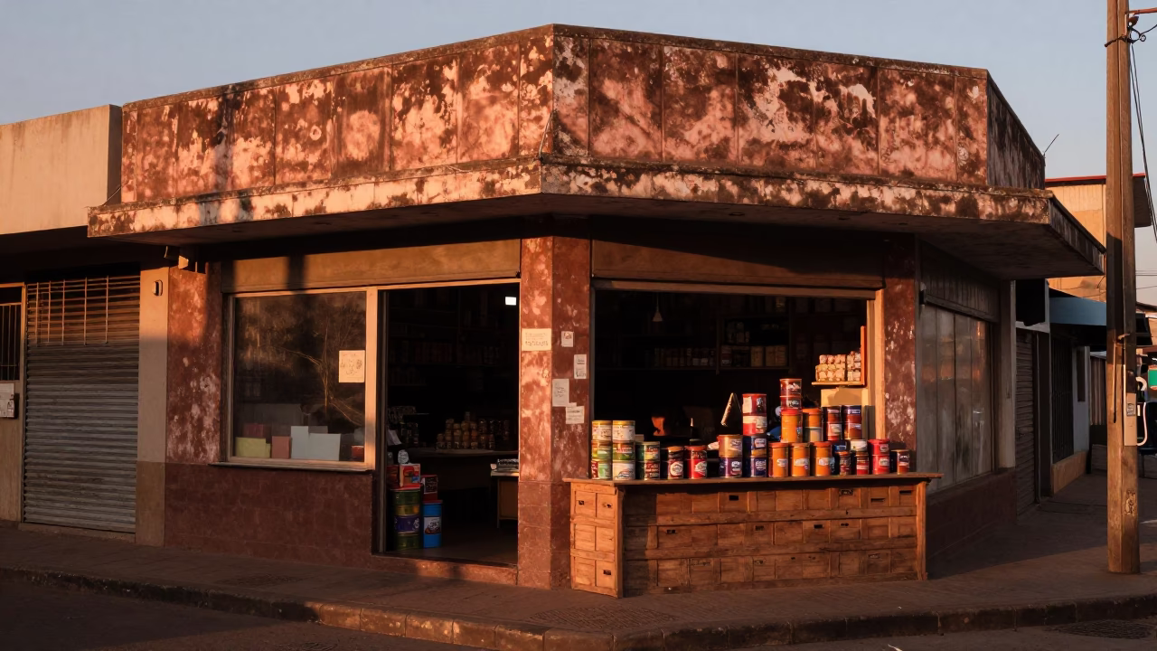 Corner Shopfront in Johannesburg at Copper-toned Light Before Dusk in in Johannesburg, South Africa