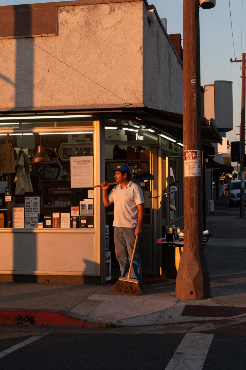 Corner Shopkeeper at Copper-toned Light Before Dusk in Los Angeles in in Los Angeles, California, United States