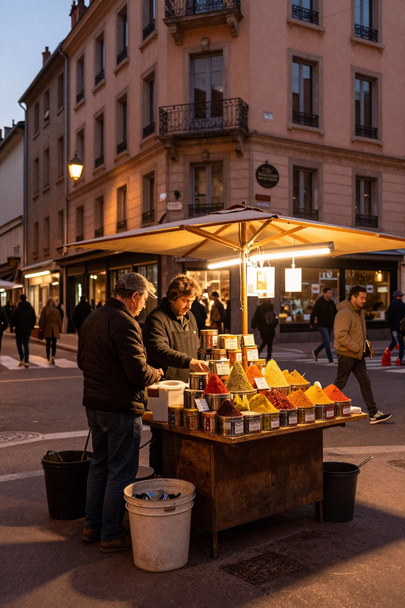 Corner Vendor in Lyon at Copper-toned Light Before Dusk in in Lyon, France