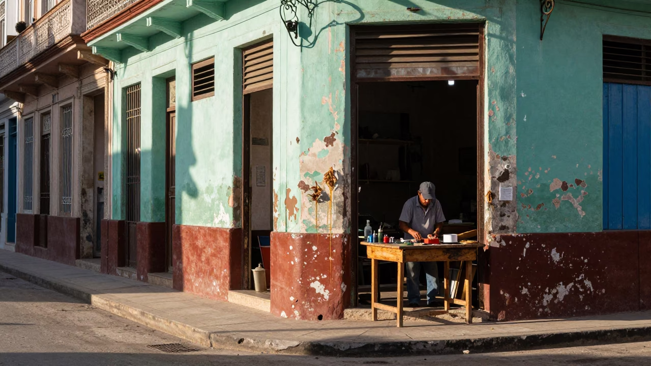 Corner Workshop in Havana at Clear Late-afternoon Light in in Havana, Cuba