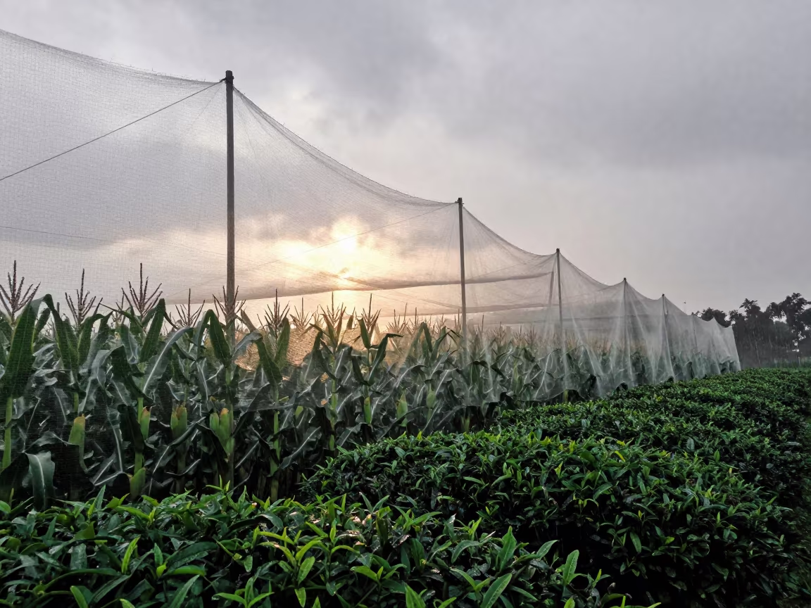 Cornfield Nets Under Rain Near Samara Tea Plantation in at the edge of a tea plantation near Samara