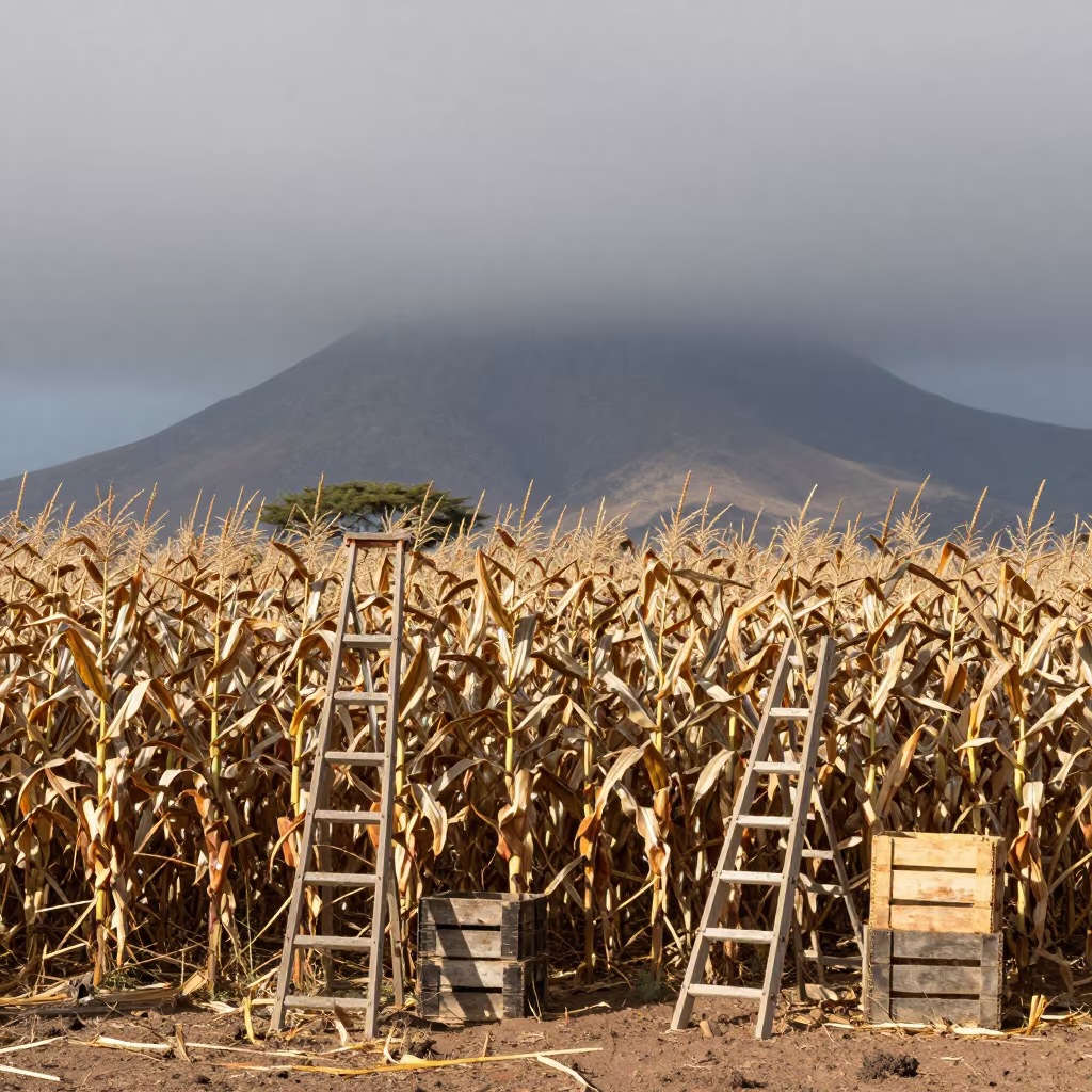 Cornfield Tassels Storm Light Namibia in among orchard ladders and crates in Namibia