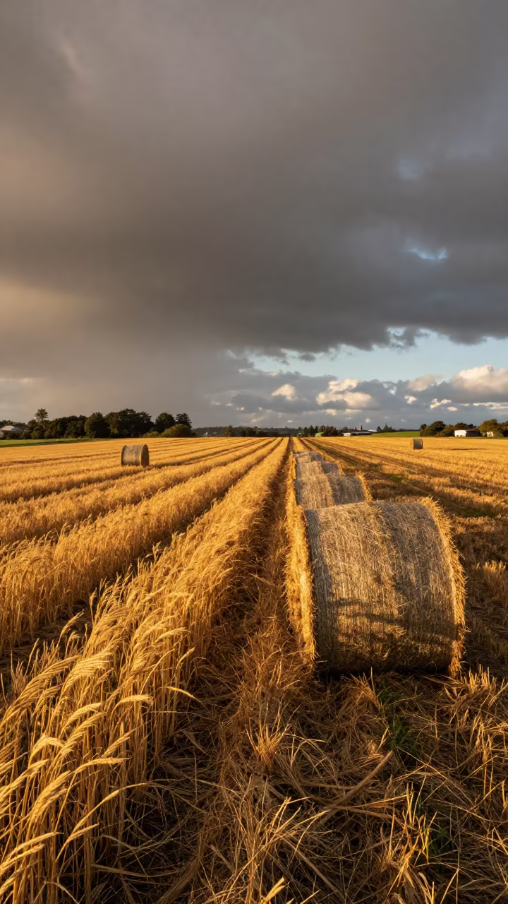 Cornfield Tassels Swaying Near Hay Bales at Sunset in beside stacked hay bales near Te Aro, Wellington