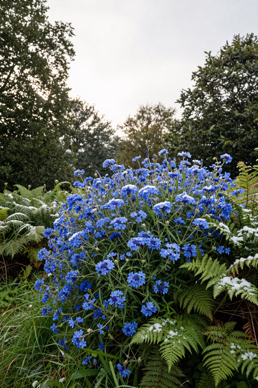 Cornflower Blue Plumbago Hedge in Monsoon Snow in on a fern-lined forest floor near Birmingham