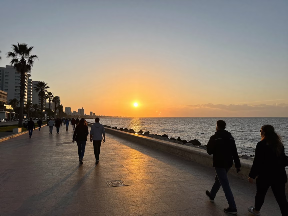 Corniche at As The Sun Drops Toward The Horizon in Alexandria in in Alexandria, Egypt