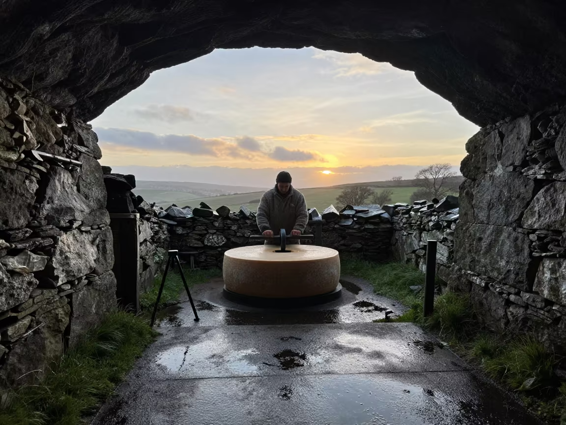 Cornish Cheesemaker Turning Gruyere at Dawn in in Cornwall
