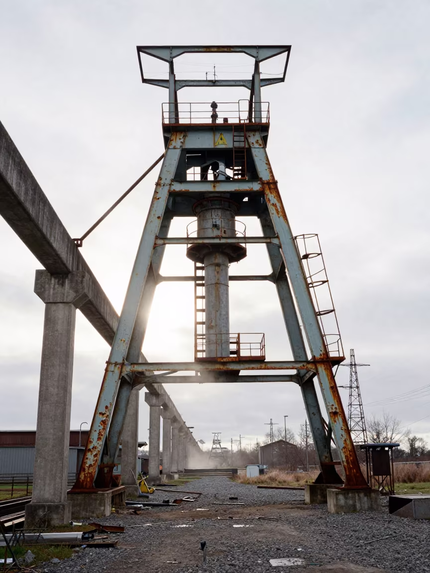 Cornish Mine Headframe Under Winter Daylight in under gantries and utility towers in Cornwall