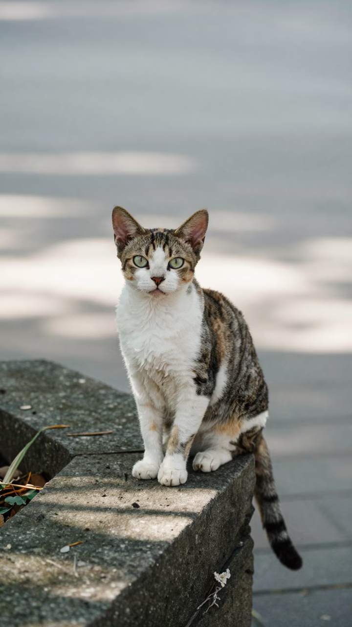 Cornish Rex Cat on Frankfurt Courtyard Wall in along a quiet park path with soft open shade and a clean background in Frankfurt