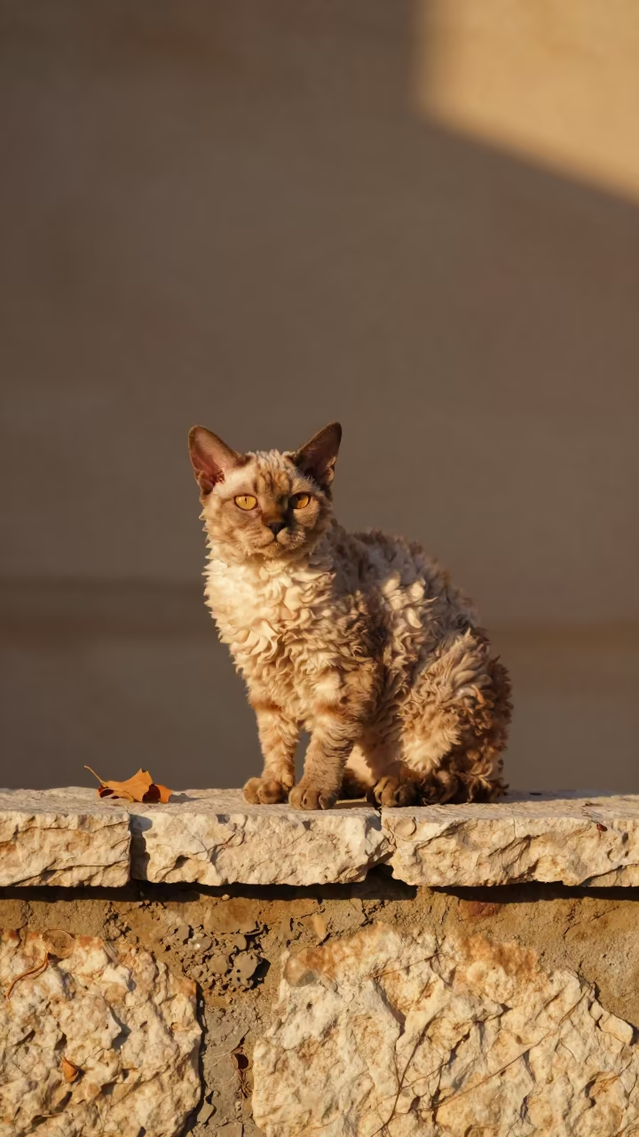 Cornish Rex Cat on Garden Wall in Kahramanmaraş in near a garden edge with soft morning light and an uncluttered background in Kahramanmaraş