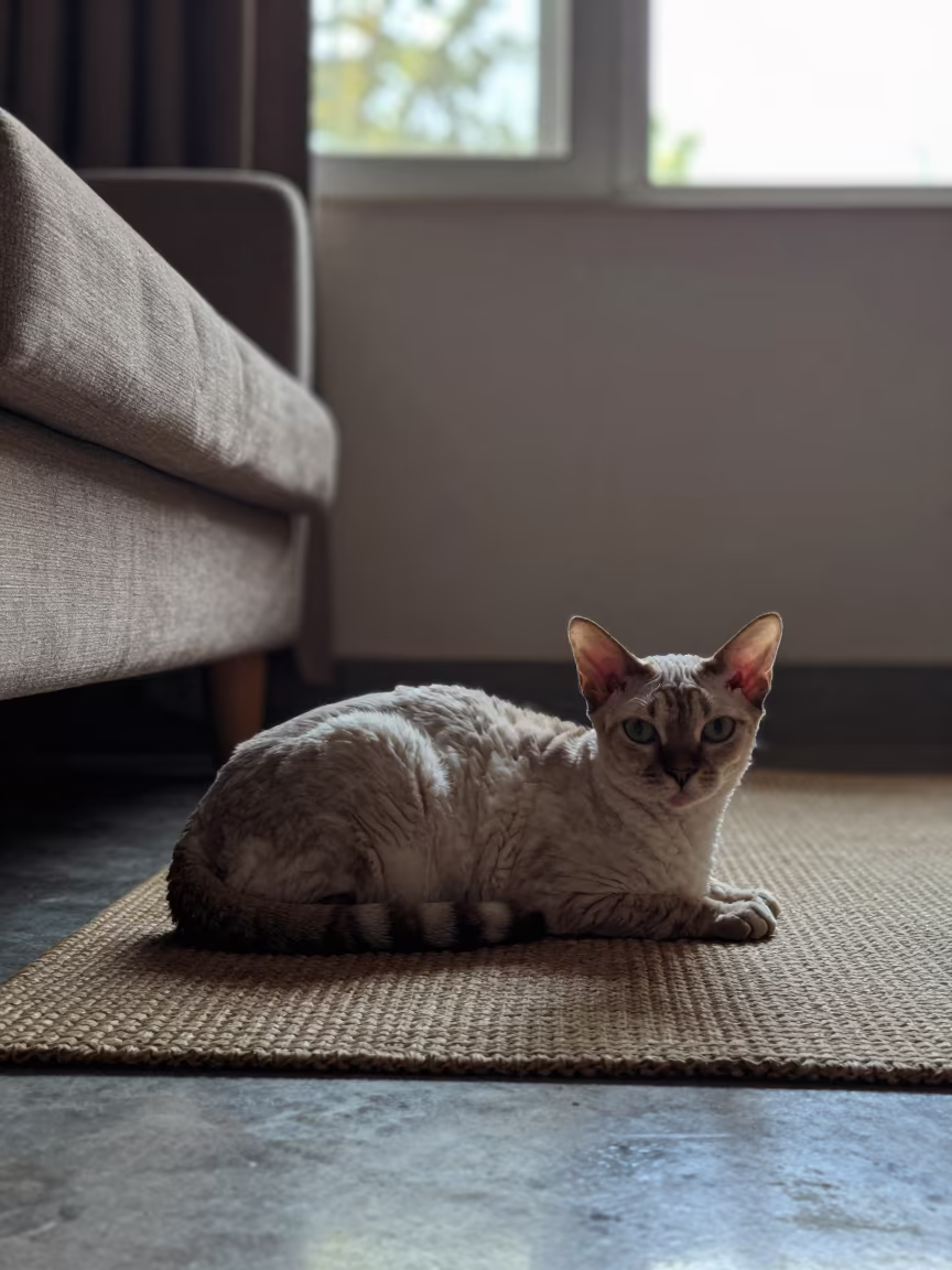 Cornish Rex Cat on Woven Rug Delhi Morning in on a woven rug beside a low couch and an uncluttered wall near Lodhi Colony, Delhi